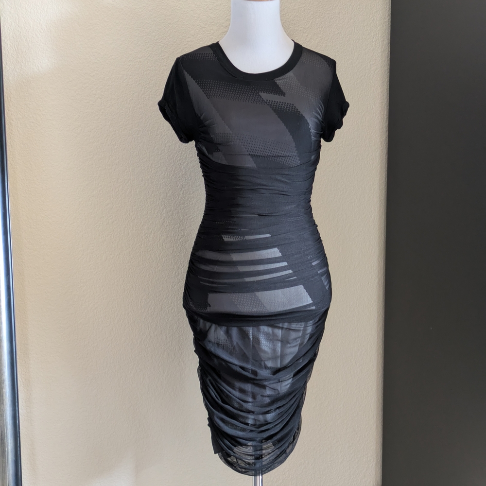 BCBGMAXAZRIA Black Mesh Ruched Bodycon Dress XXS